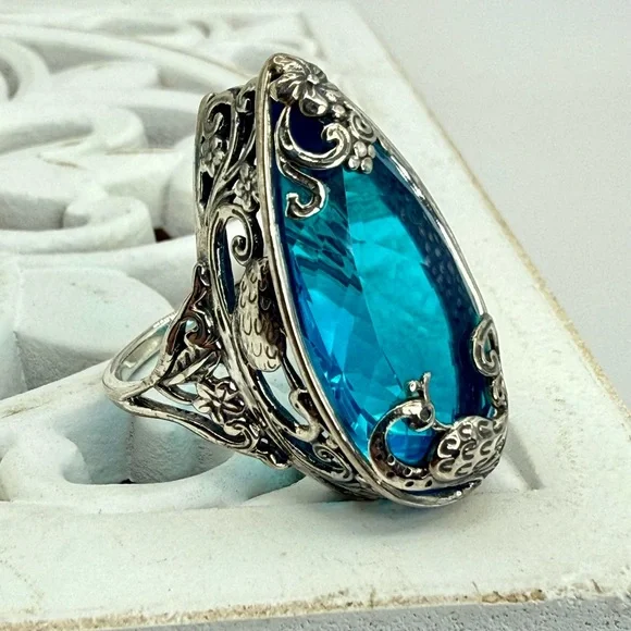 Bali Legacy Caribbean Quartz Peacock Ring 26.25ct Sterling Silver Size 9 NWT - Picture 6 of 17